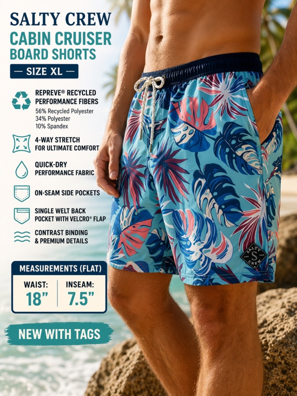 Salty Crew Cabin Cruiser Board Shorts XL NWT Tropical Print Swim Trunk Stretch
